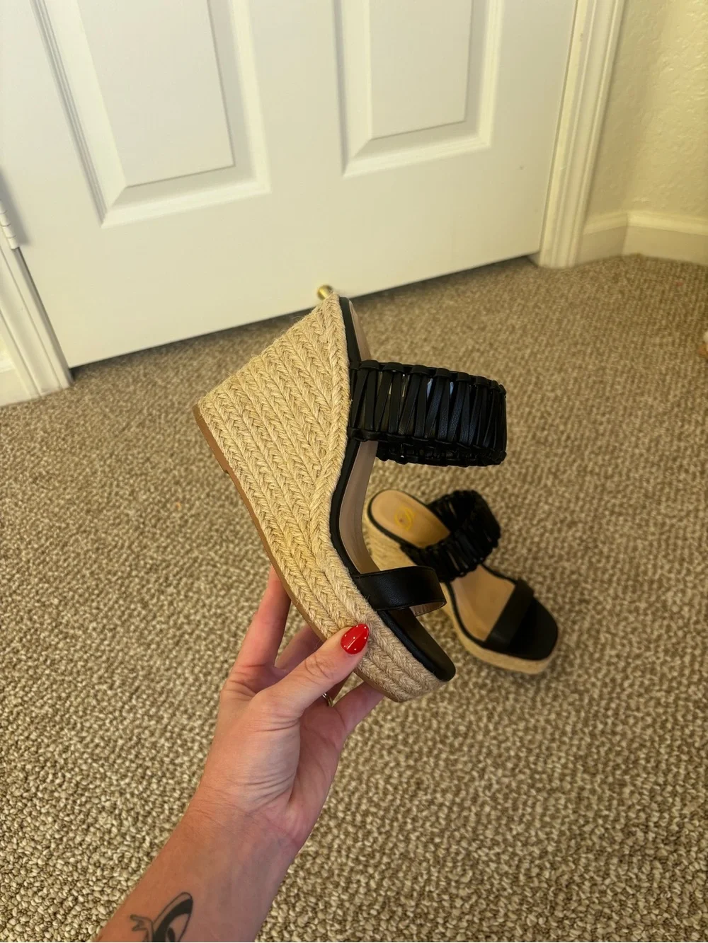 Pink Lily Black Raffia-Trim Wedge Sandals
